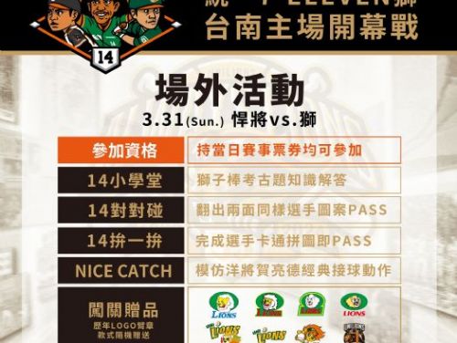 統一獅台南主場開幕戰3/31(日) OPEN家族相見歡 OPEN小將、雪鈴兔波波、Please美眉、LOCK小醬一起來同樂