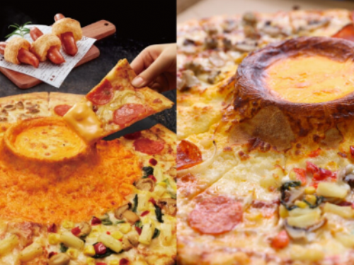 台日聯手研發 ，達美樂新推出「起司火山四喜披薩」，整片披薩沉浸在熔岩起司中，帶來驚艷口感