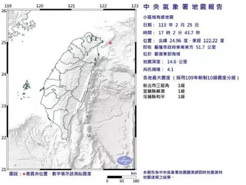 地牛翻身/東部海域發生芮氏規模4.1地震，新北宜蘭花蓮地區最大震度1級