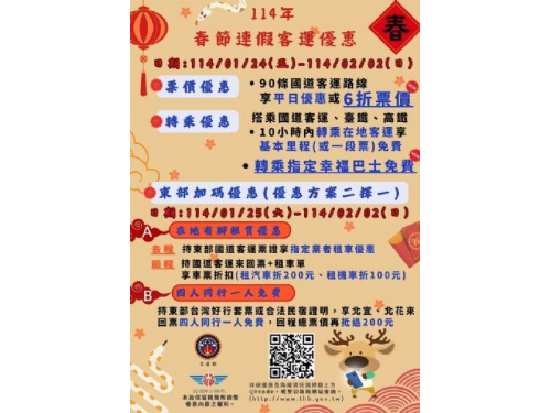 春節期間國道客運、臺鐵與高鐵聯合推出超值票價優惠，讓返鄉更輕鬆便捷！